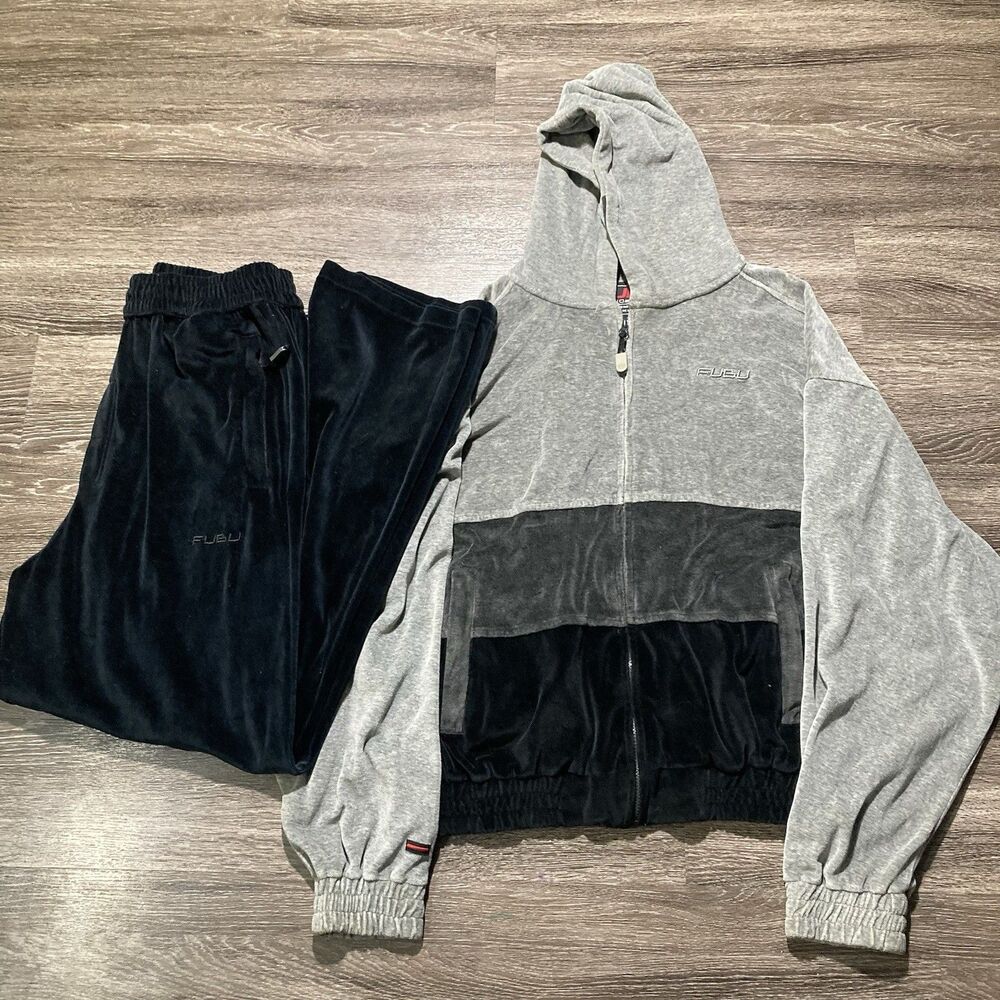 South Pole Track Suit Mens Large Black Velour Full Zip Jacket Pants Set Warm Up